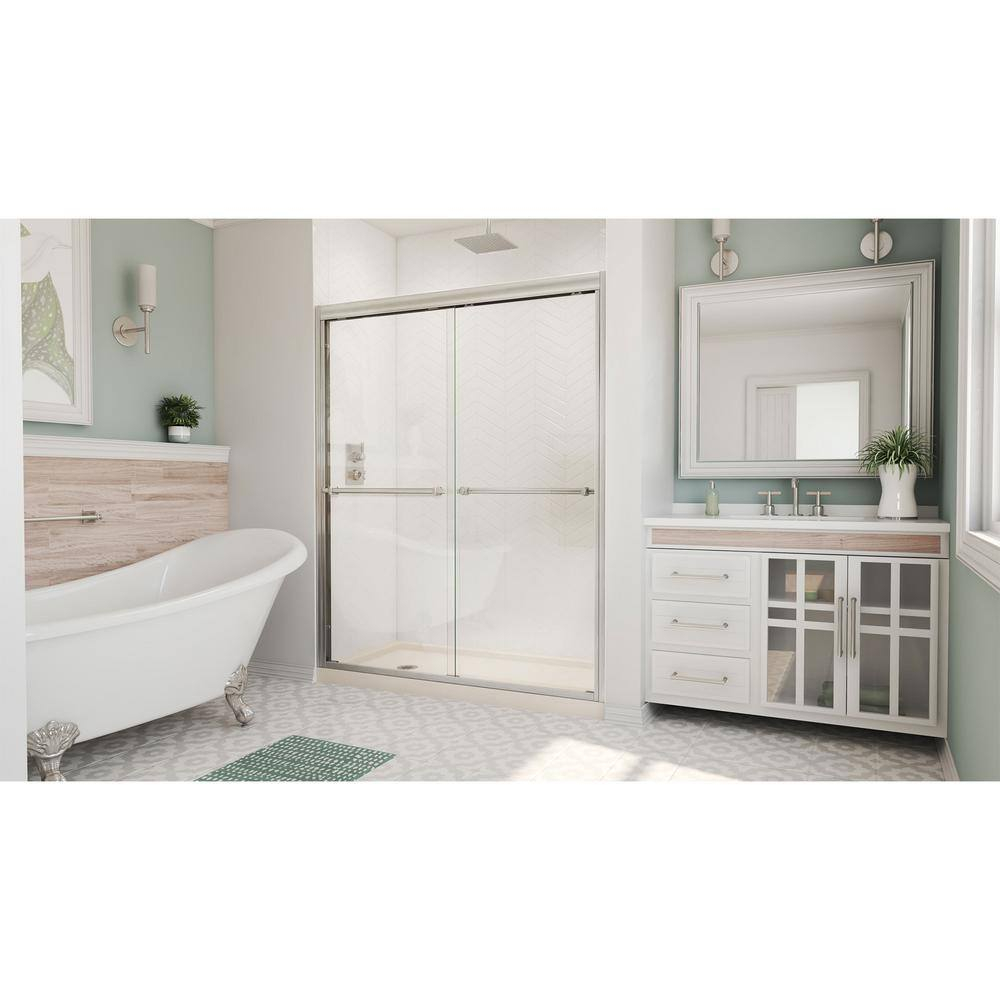DreamLine Duet 30 in. D x 60 in. W x 74 3/4 in. H Semi-Frameless Bypass Shower Door in Brushed Nickel and Left Drain White Base