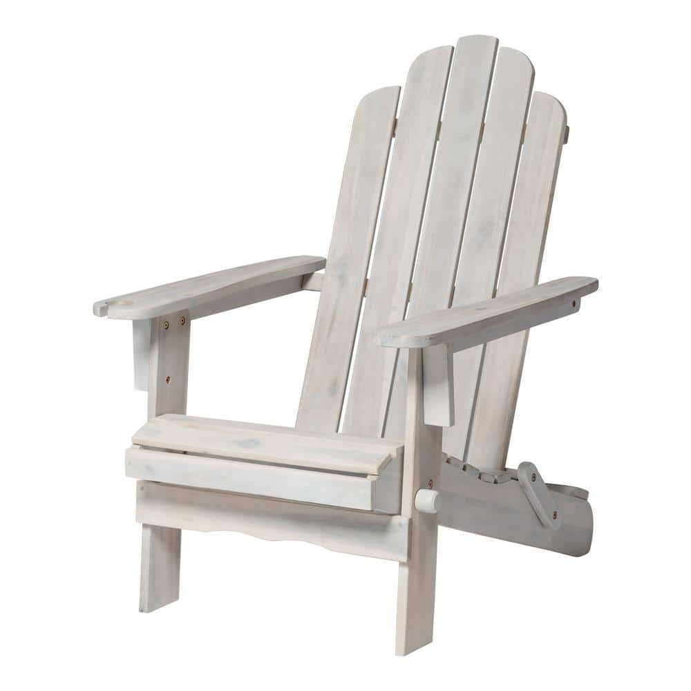 Outdoor Wood Adirondack Chair with Wine Glass Holder in White Wash