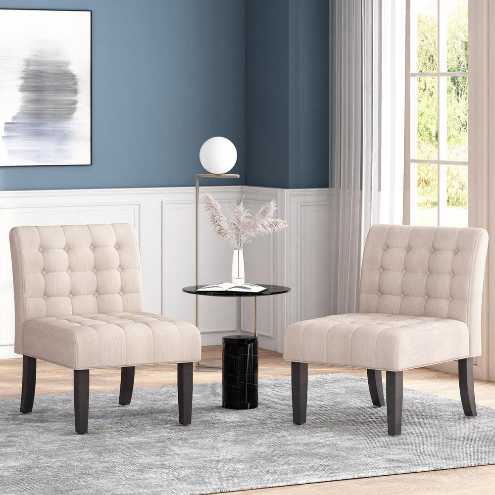 Noble House Loverin Fabric Tufted Slipper Chairs, Set of 2, Beige and Matte Black