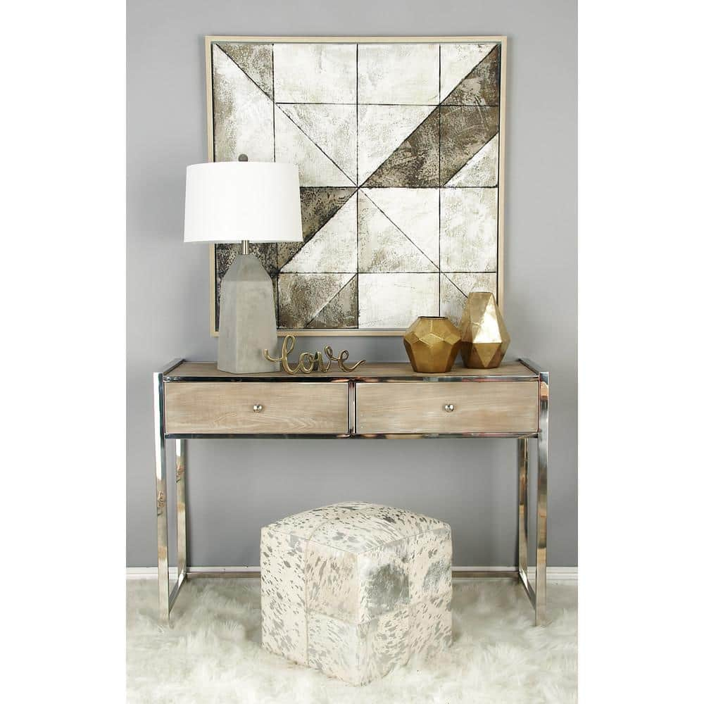 DecMode 16" x 17" White Leather Handmade Stool with Silver Foil Paint, 1-Piece