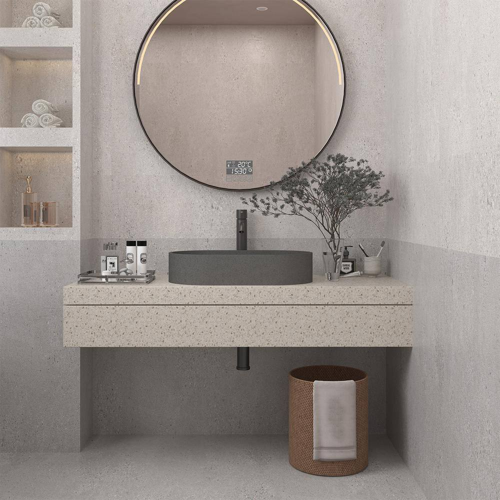 23.63 in. Oval Vessel Bathroom Sink with Pop-up Drain in Mottled Bluish Gray Cement