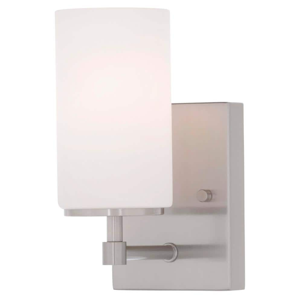 Alturas 4.375 in. Brushed Nickel Modern Contemporary Wall Sconce Vanity Light with Satin Etched Glass Shade