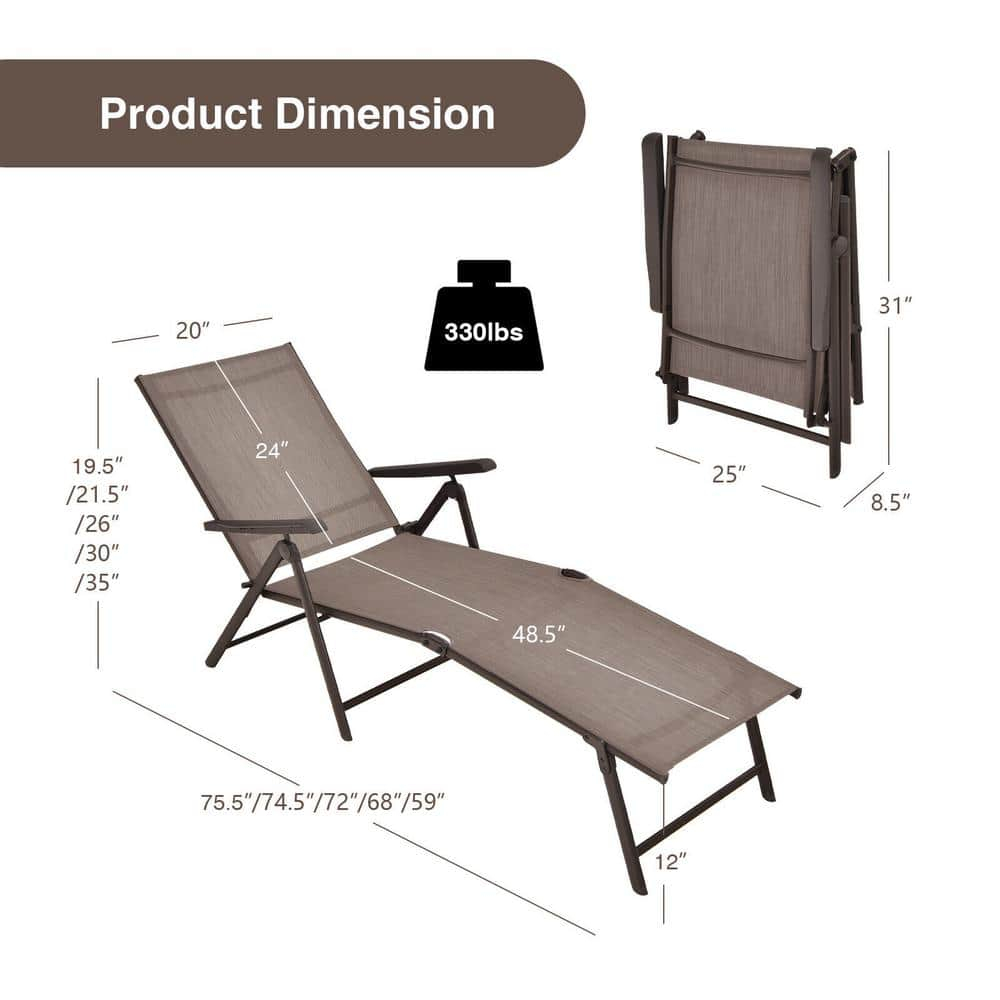 YOJFOTOOUQYUAN. 5 Stages Adjustable Patio Folding Lounge Chair Metal Outdoor Sling Fabric Recliner Chaise for Beach Yard Pool, 2 Pack,Brown