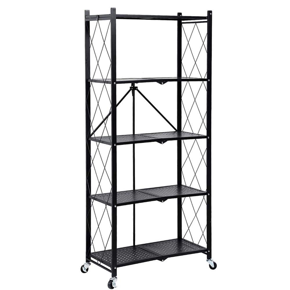 5-Tier Black Metal Kitchen Shelf Foldable Storage Rack with WheelsMultifunctional Cart
