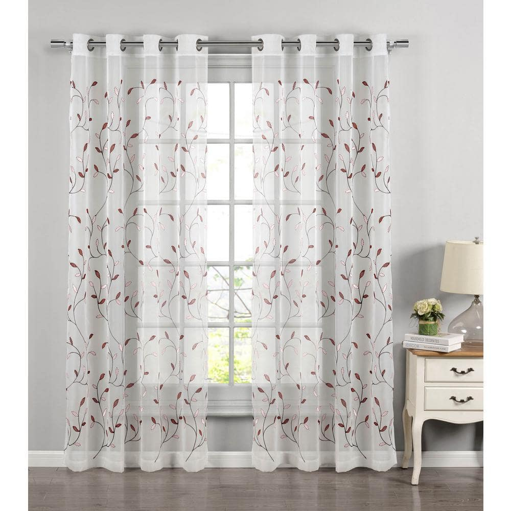 Grommet Curtain Panel, Embroidered Sheer Extra-Wide, Red 54" x 84"