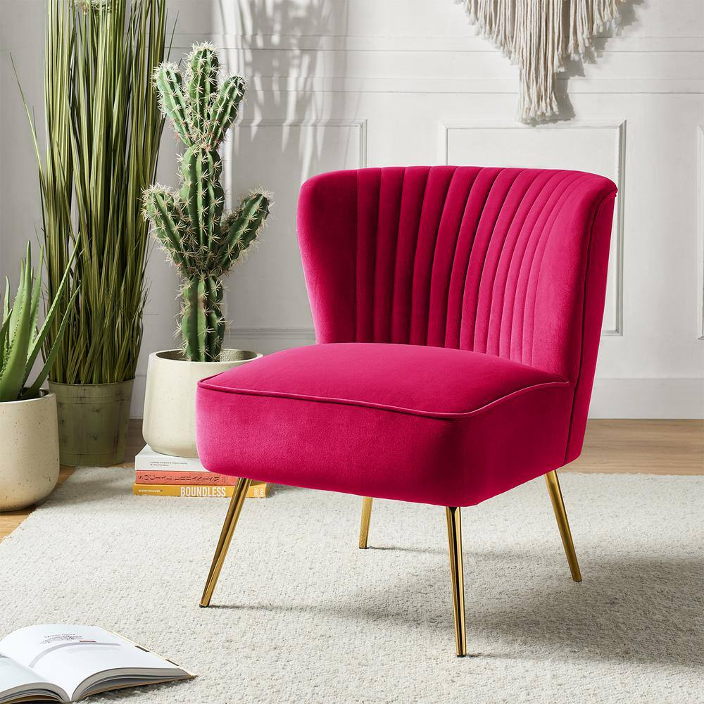 Velvet Accent Chair Upholstered Armless Side Chair Gold Leg Home Living Room Adult Fushia
