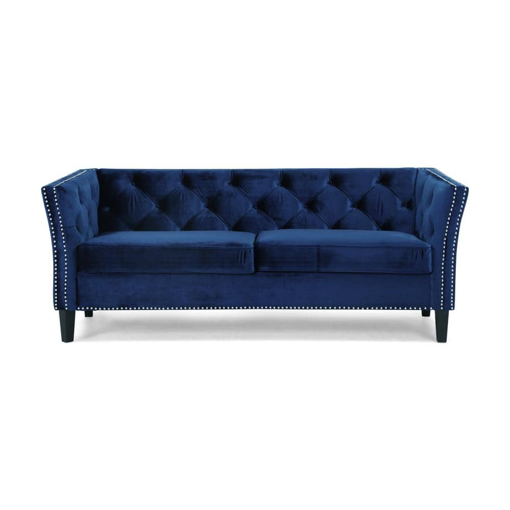 Noble House Claridge Button Tufted Velvet Sofa, Midnight Blue, Dark Brown