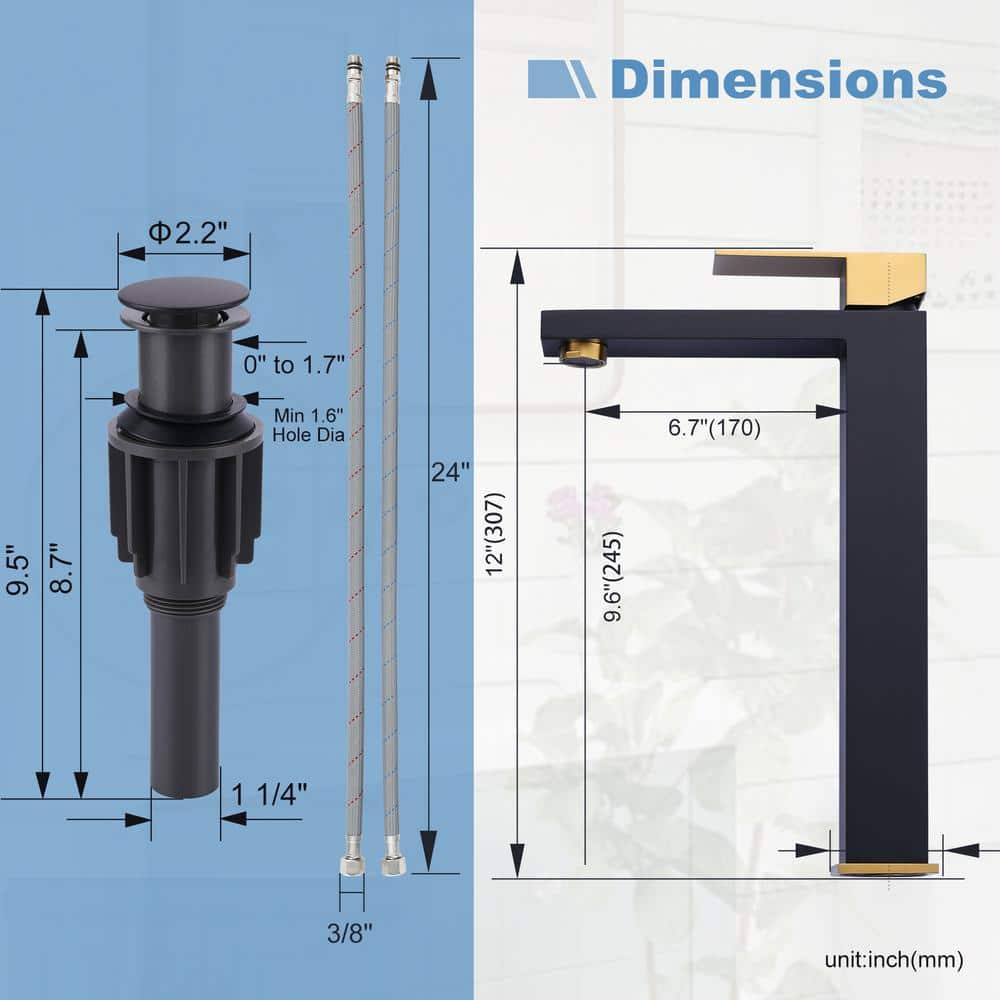 Single Handle Single Hole Bathroom Faucet with Drain Include in Black and Gold