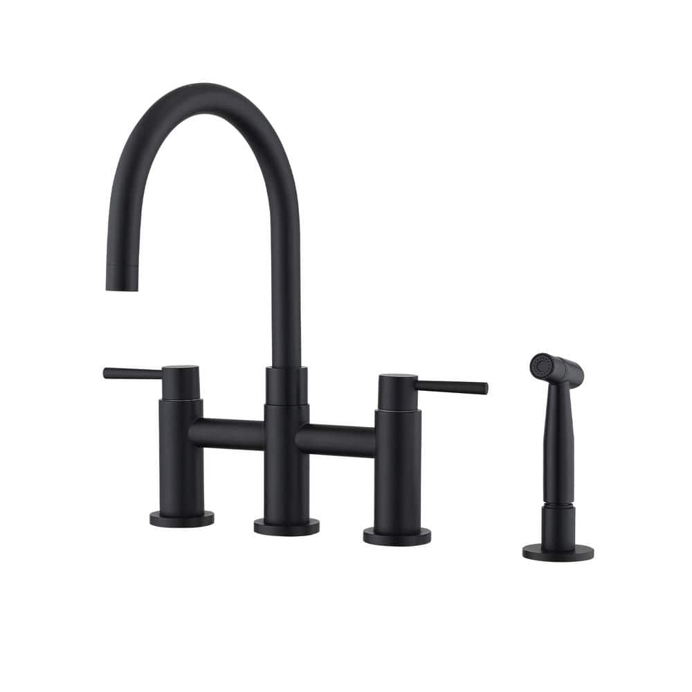 Double Handle Bridge Kitchen Faucet with Side Sprayer in Matte Black