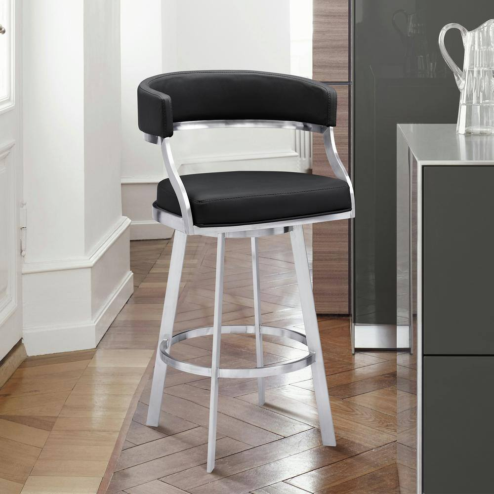 Saturn Modern 30" Seat Height Black Faux Leather and Brushed Stainless Steel Metal Swivel Bar Stool for Kitchen Island Counter