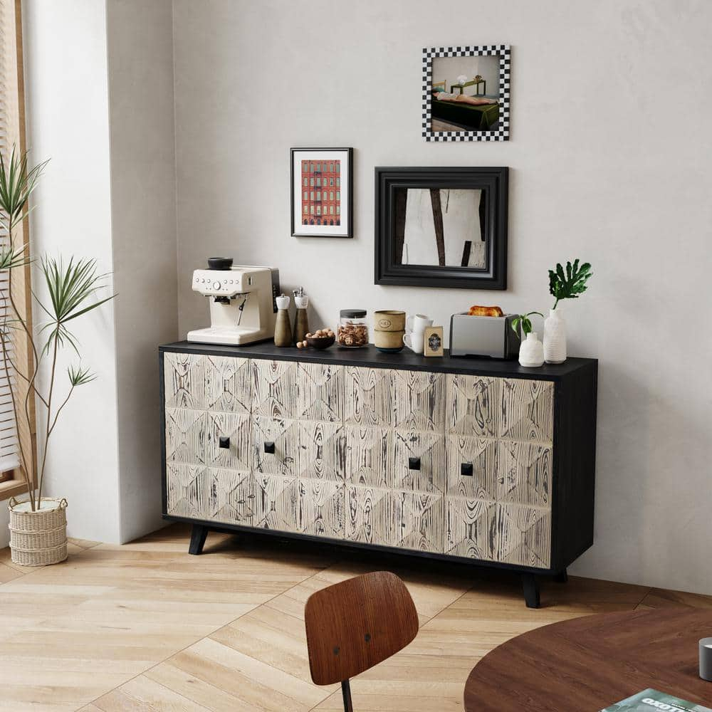59.84 in. Black and White Elm Wood Vintage Sideboard Cabinet