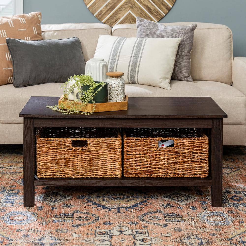 Walker Edison Traditional Storage Coffee Table with Bins, Espresso