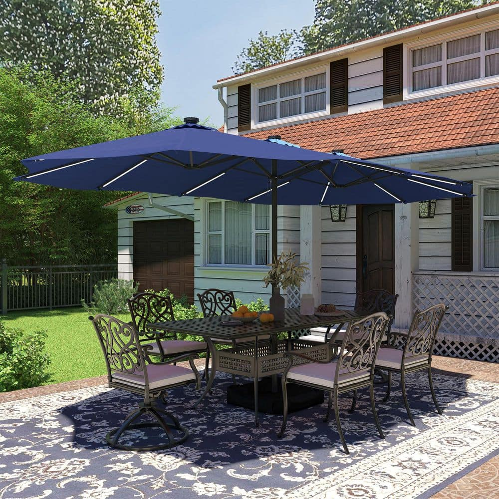 15ft Double-Sided Solar Patio Umbrella with Base (Included) Large Outdoor Umbrella with Solar Lights