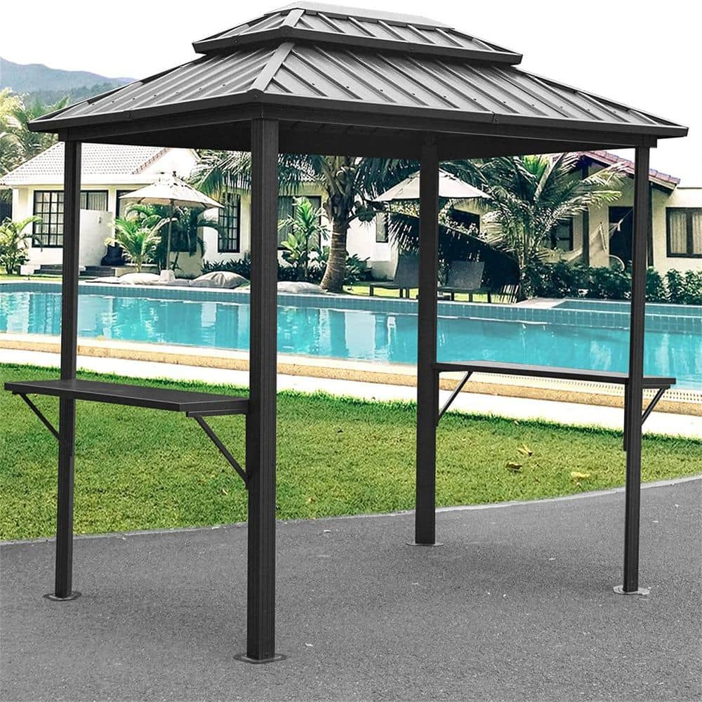 Gzxs 8’ x 6’ Grill Gazebo, Outdoor Aluminum BBQ Gazebo with 2 Side Shelves Serving Table, Hardtop Double Roof Permanent Sun Shade for Patio Deck Yard Garden (Gray)