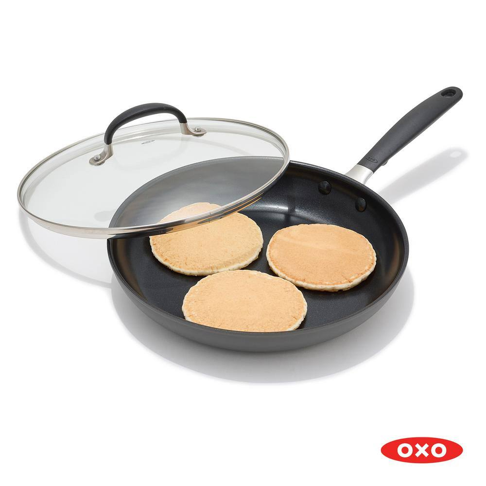 OXO Good Grips 11" Frying Pan Skillet with Lid, 3-Layered German Engineered Nonstick Coating, Stainless Steel Handle with Nonslip Silicone, Black