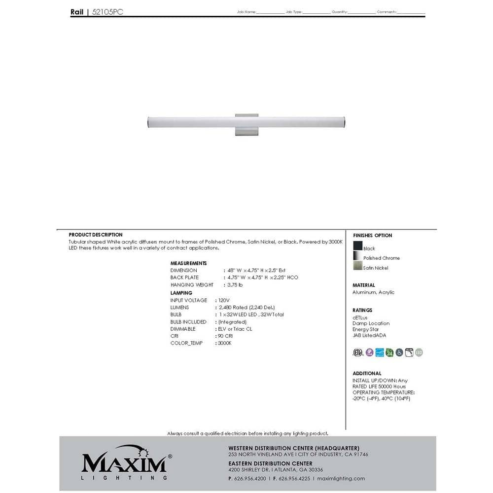 Maxim Lighting - Rail-LED Bath Vanity Light with Tubular White Diffusers-4.75