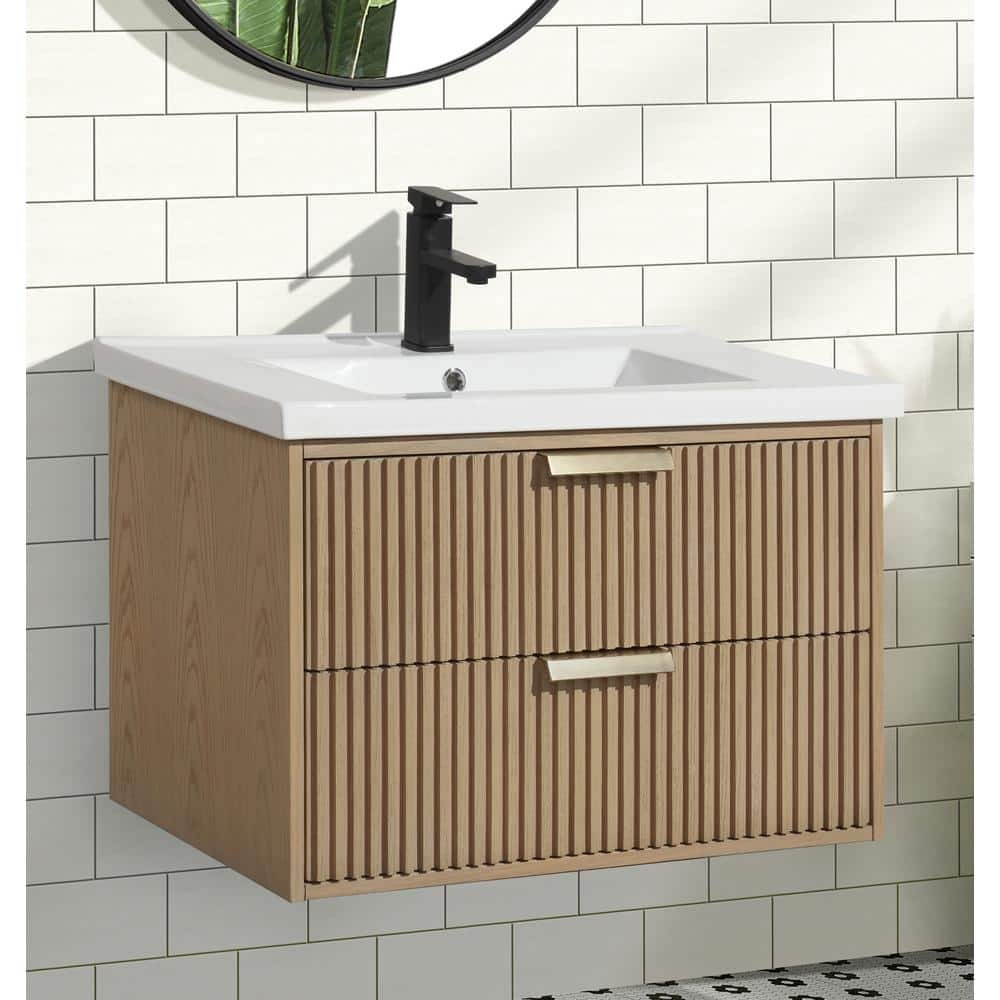 San Diego 30" Oak Floating Bathroom Vanity with Ceramic Sink