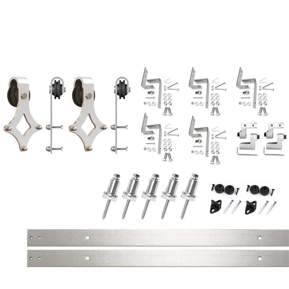 Homacer Brushed Nickel Double Track Z-Shape Bypass Sliding Barn Door Hardware Kit, for Two/Double Doors, 6ft Long Flat Track, Diamond Design Roller, Heavy Duty, for Interior Use