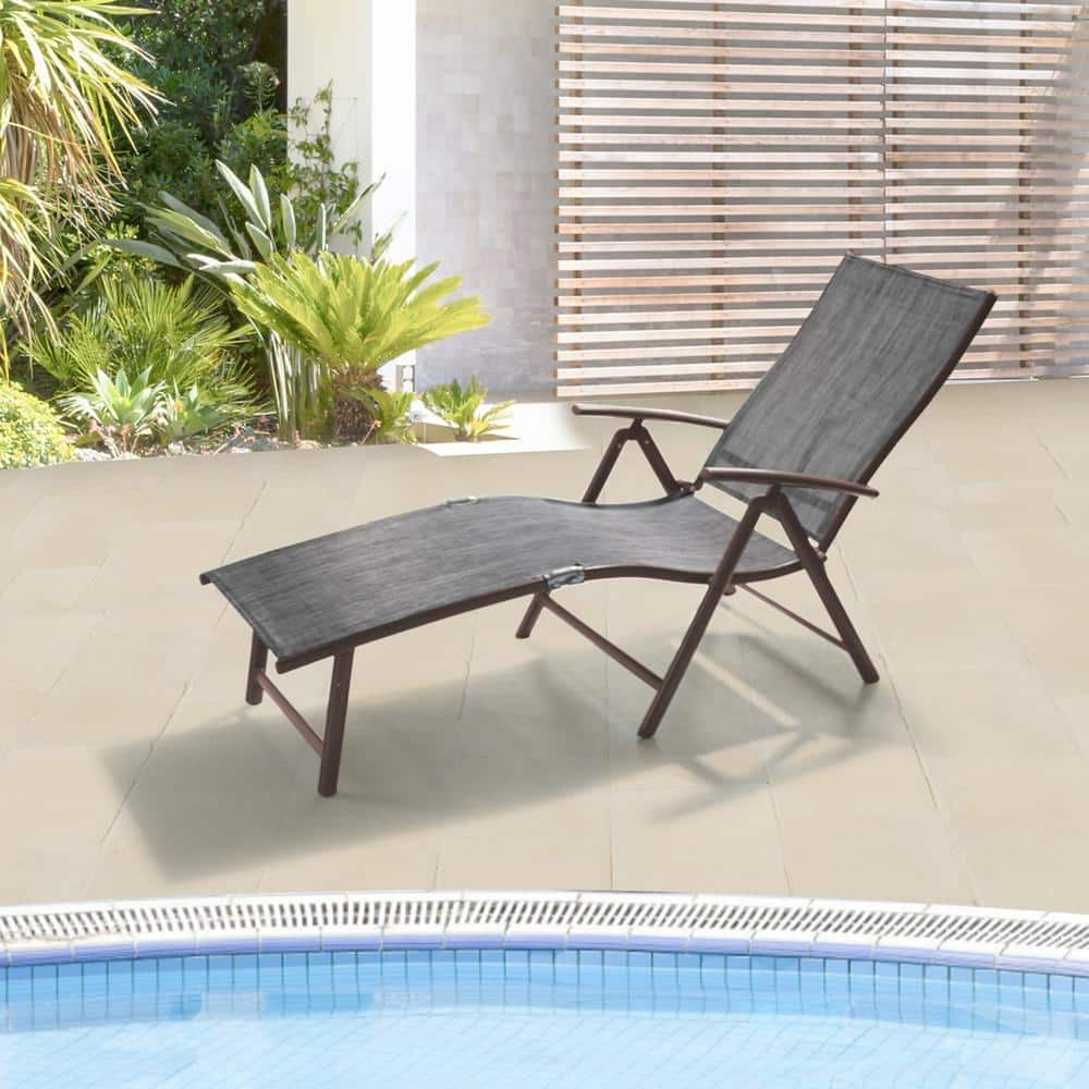 Crestlive Products Outdoor Aluminum Folding Patio Chaise Lounge Chair, Dark Gray