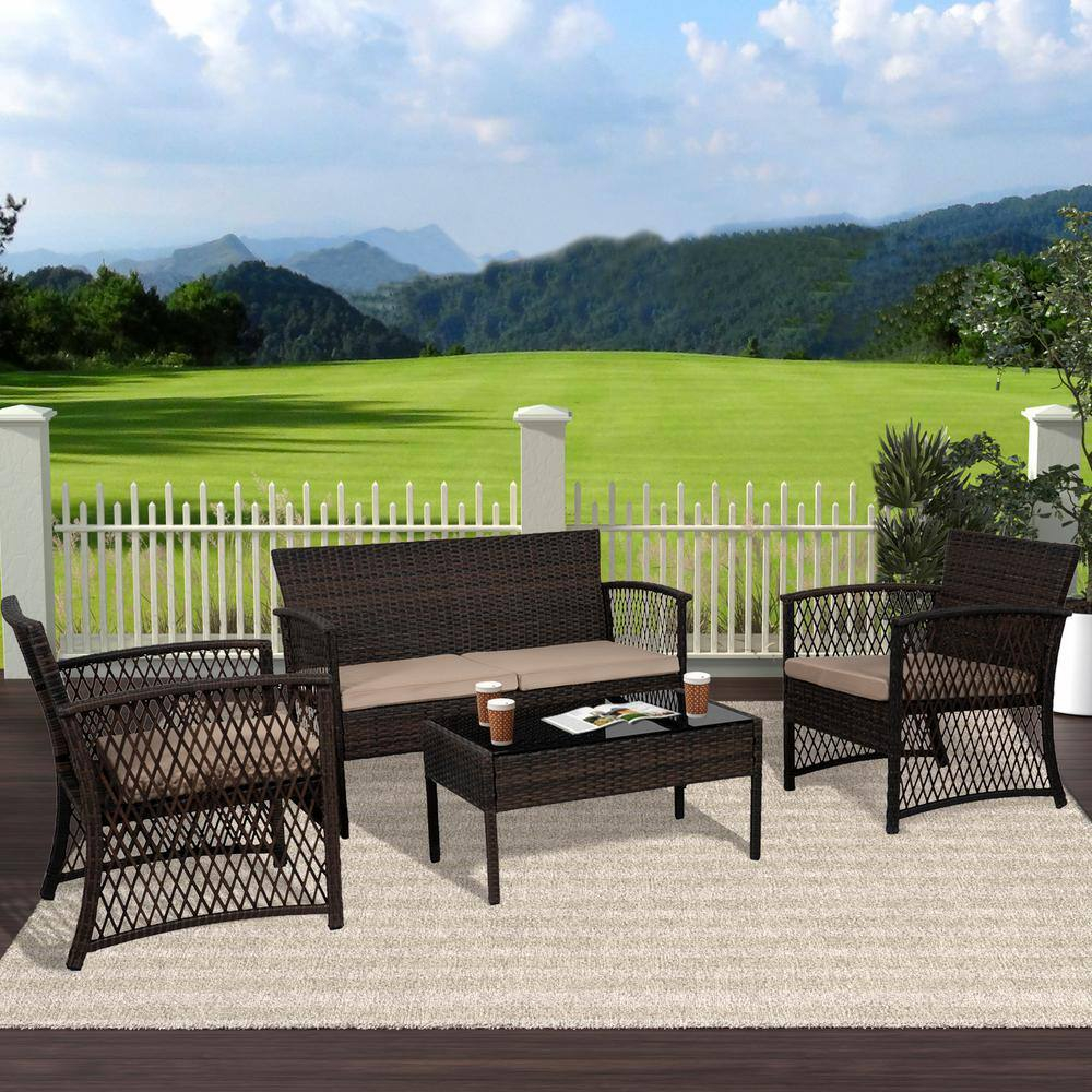 Westin Outdoor 4-Piece Rattan Wicker Patio Conversation Sofa Set with Cushions, Coffee/Beige