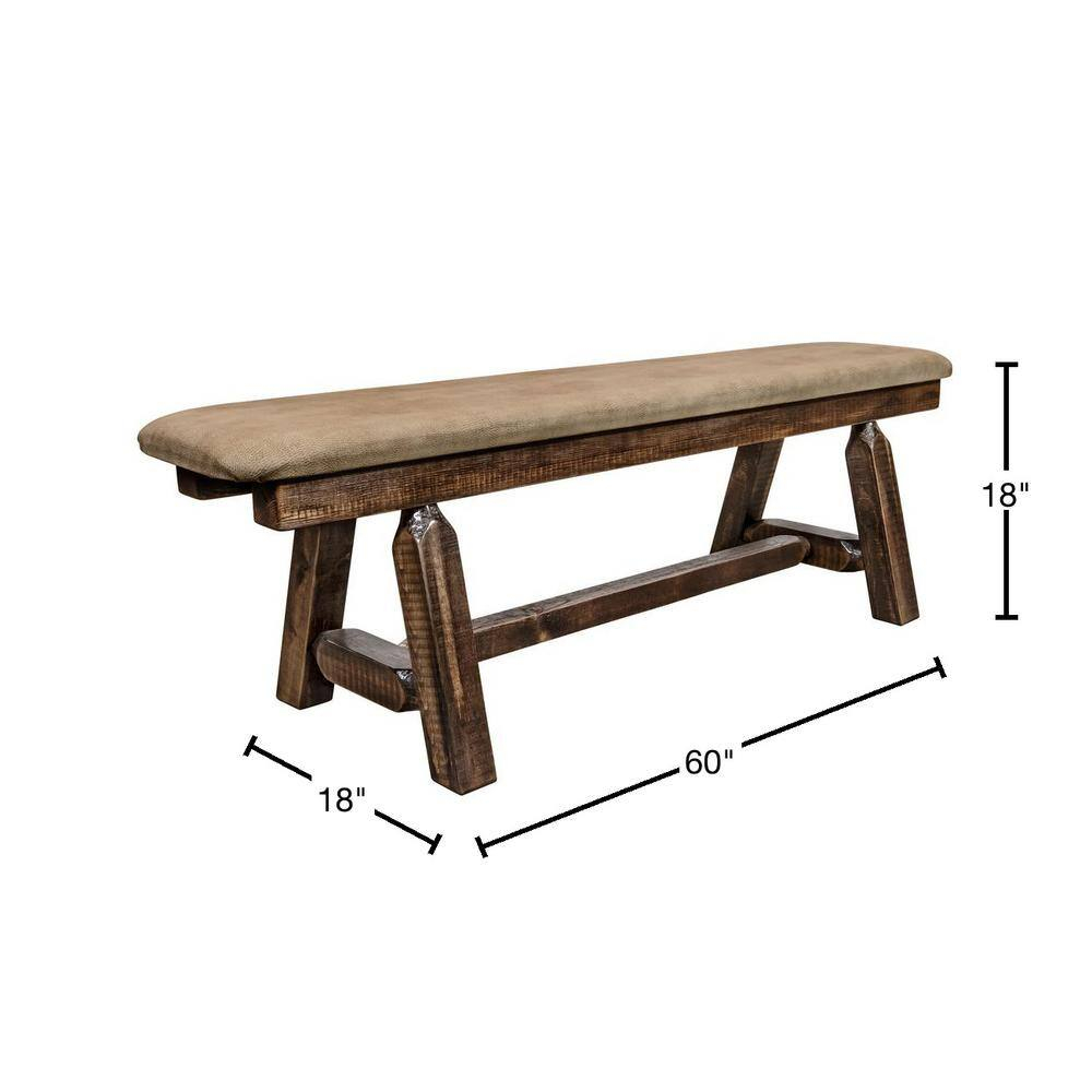 Homestead Collection 18 in. H Brown Wooden Bench with Buckskin Pattern Upholstered Seat, 5 ft. Length