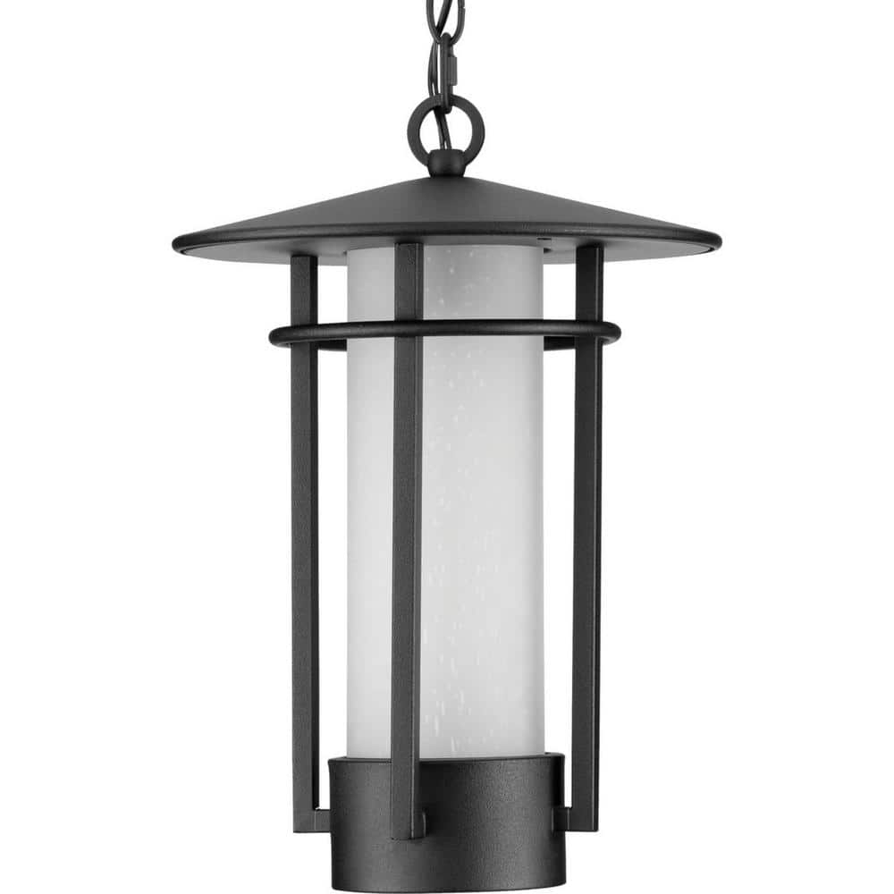 Exton Collection One-Light Textured Black and Etched Seeded Glass Modern Style Outdoor Hanging Pendant Lantern