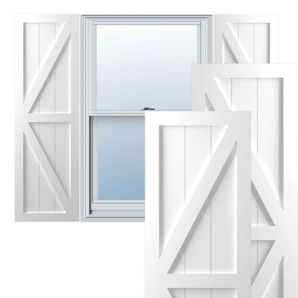 Ekena Millwork 12"W x 32"H True Fit PVC Two Equal Panel Farmhouse Fixed Mount Shutters w/ Z-Bar, White (Per Pair - Hardware Not Included)