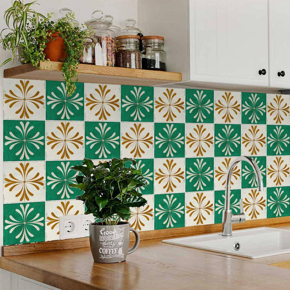 Mi Alma Green Beige Gold Vintage Flower Peel & Stick Tiles - Vinyl Backsplash 8x8