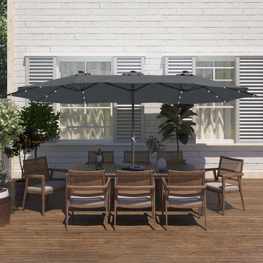 15 ft. Steel Patio Double-Side Market Umbrella with Base and Solar Light with Base in Dark Gray