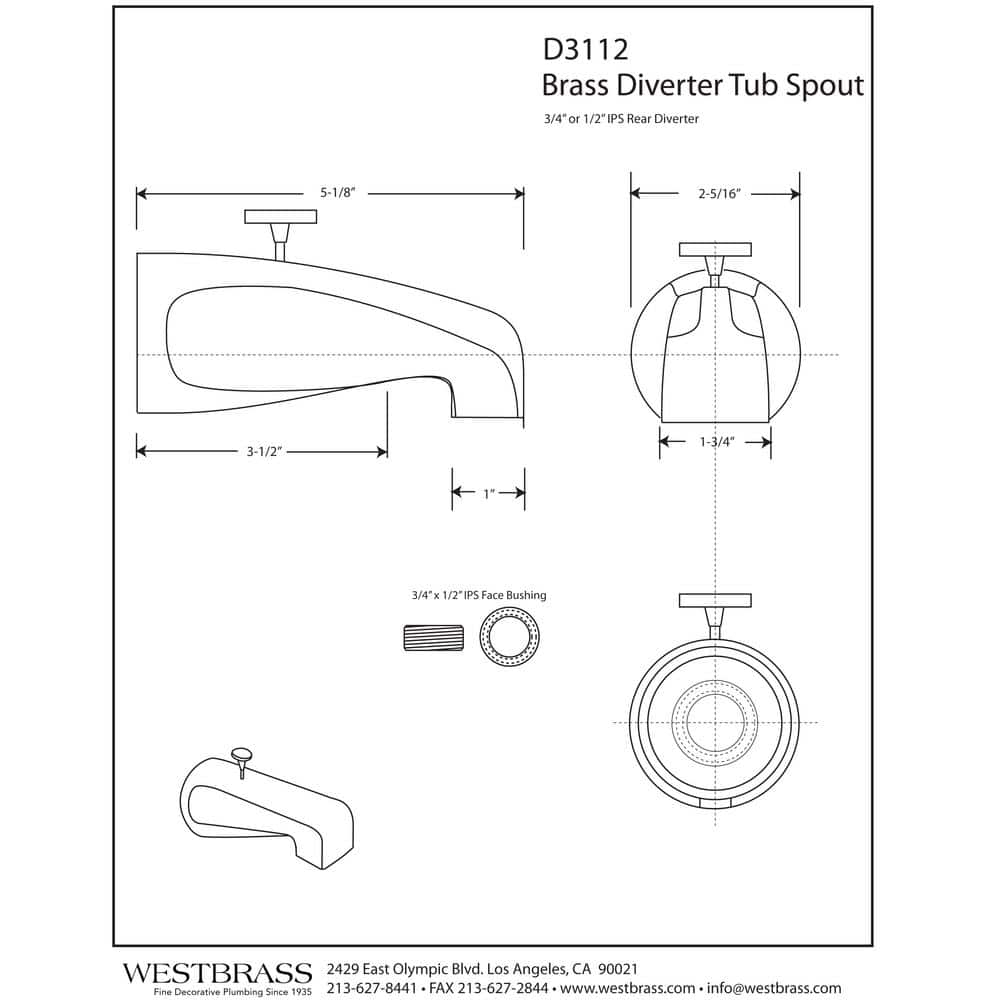 Westbrass D3112-07 5-1/2" Reach Wall Mount Tub Spout with Rear Diverter