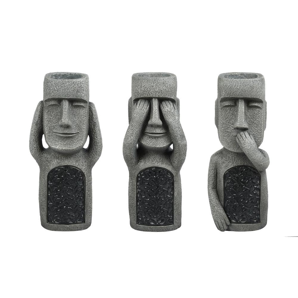 LuxenHome Gray MgO Set of 3 Garden Easter Island Solar Statues