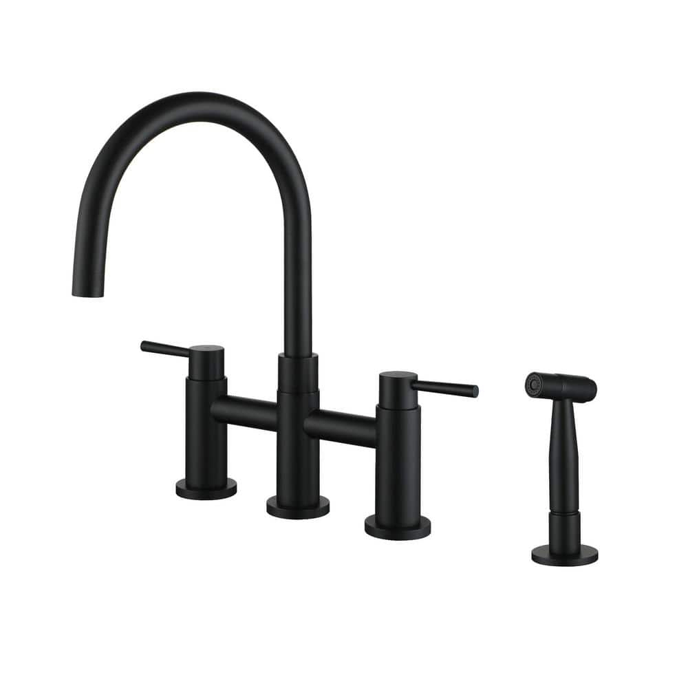 Double Handle Bridge Kitchen Faucet with Side Sprayer in Matte Black