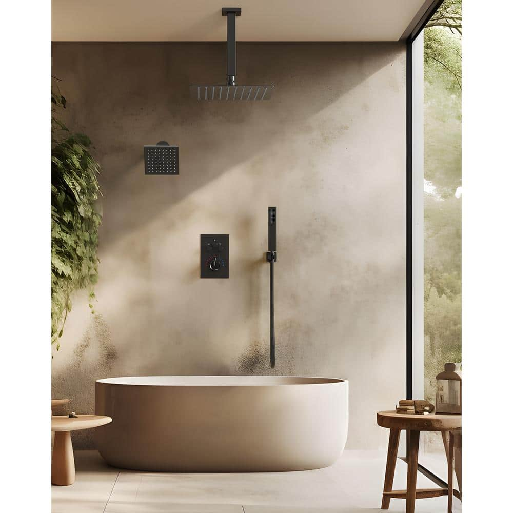 GRANDJOY Dual Wall Mount Rainfall Shower Head System Luxury Adjustable 12 inch & 6 inch Shower Faucet Set with Handheld Shower Spray Thermostatic Pressure Balance Value, Matte Black