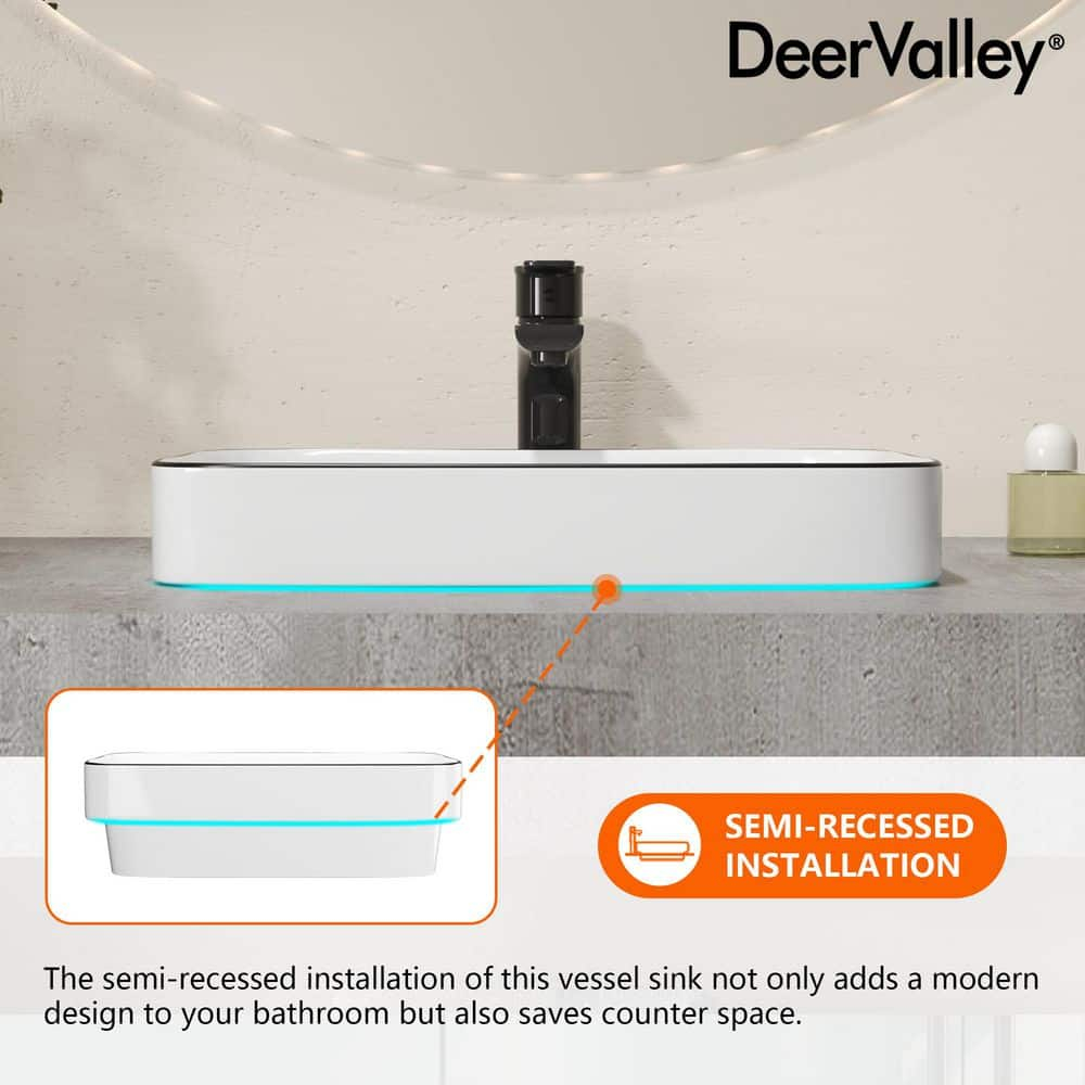 Ally 16 in. Rectangular Bathroom Ceramic Semi-Recessed Vessel Sink White Art Basin