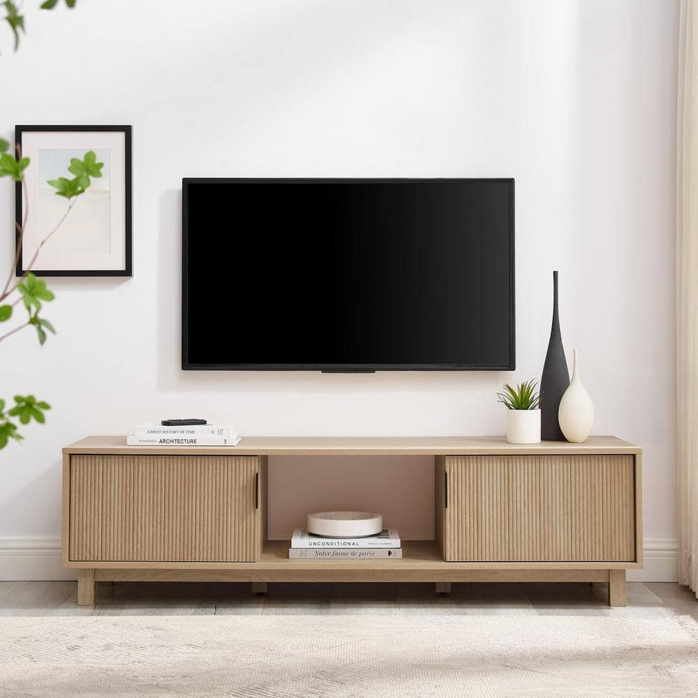 Walker Edison Mid-Century Modern 2-Door Reeded TV Stand for TVs up to 65”, Coastal Oak