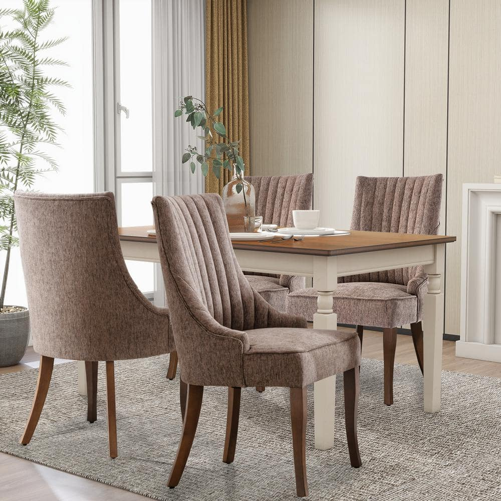 mikibama Linen Dining Chairs Set of 4 Channel Tufted Kitchen Dinner Chair Comfy Fabric Upholstered Accent Chair for Dining Room with Solid Wood Legs (Brown 4pc)