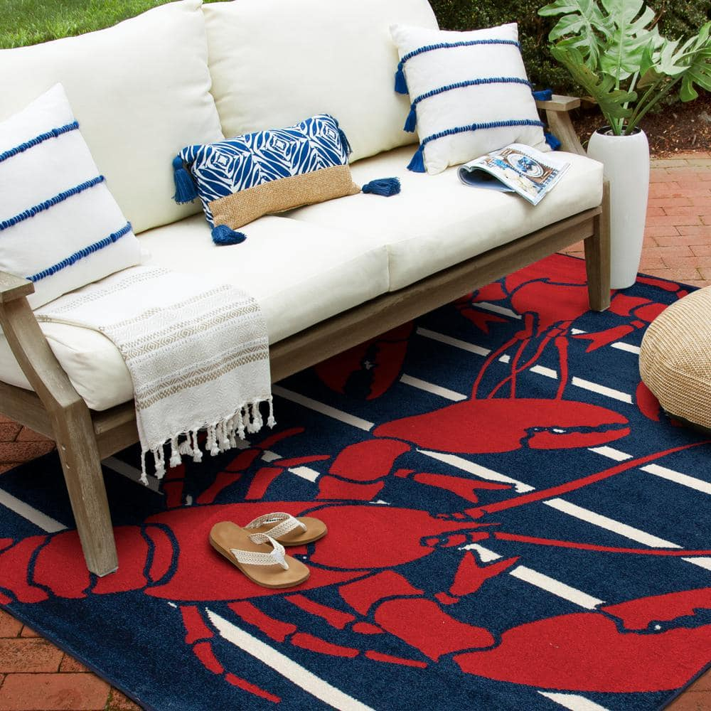 Patio Brights Sapphire/Snow 6 ft. x 9 ft. Lively Lobsters Polypropylene Indoor/Outdoor Area Rug