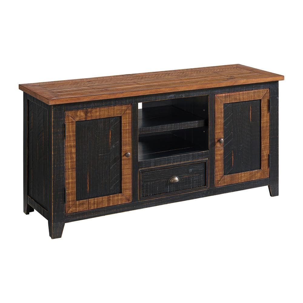 The Gray Barn  Downington Solid Wood 60-inch TV Stand Black and Honey Pine Finish, Wood Finish Adjustable Shelving Nautical & Coastal, Rustic