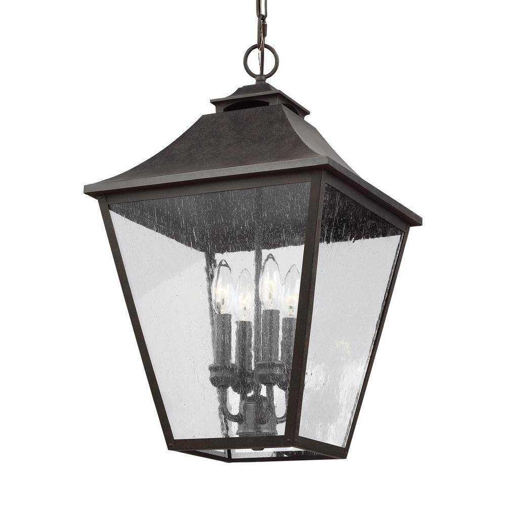 Sable Bronze 4-Light Outdoor Hanging Lantern with Clear Seeded Glass