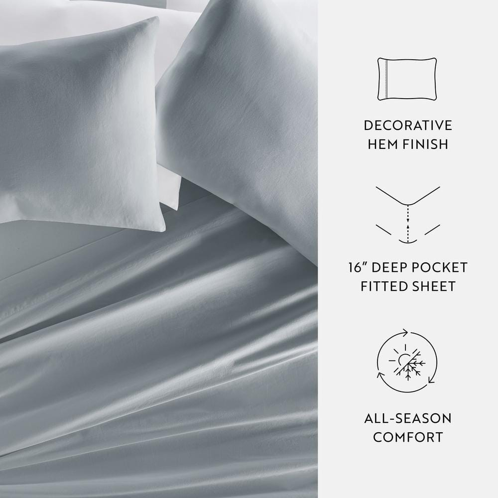 Queen Blue Solid Cotton Sheet Set with Pillow Covers