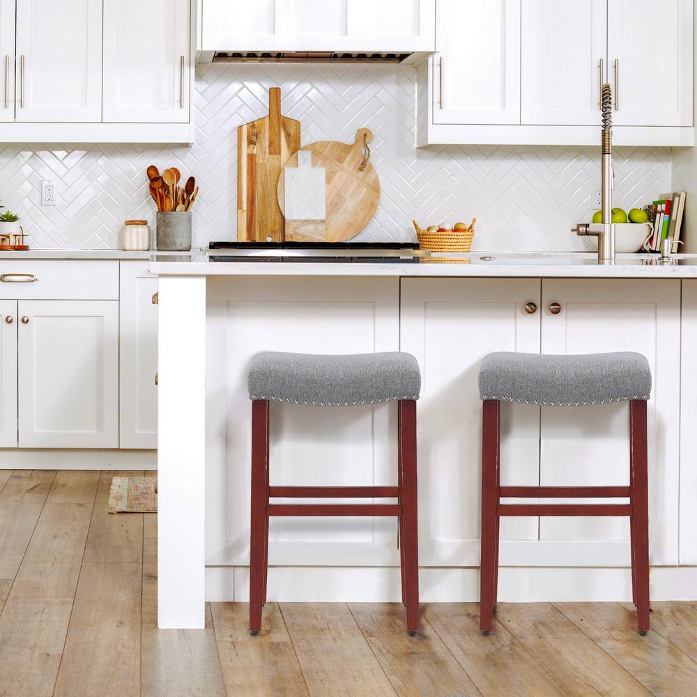 Polytrends Jameson Upholstered Polyester 29" Bar Stool with Cherry Legs - (Set of 2) Cherry/Gray