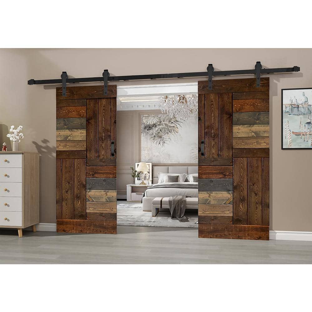 Multicolor Solid Wood Double Sliding Barn Door Kit with Matte Black Hardware