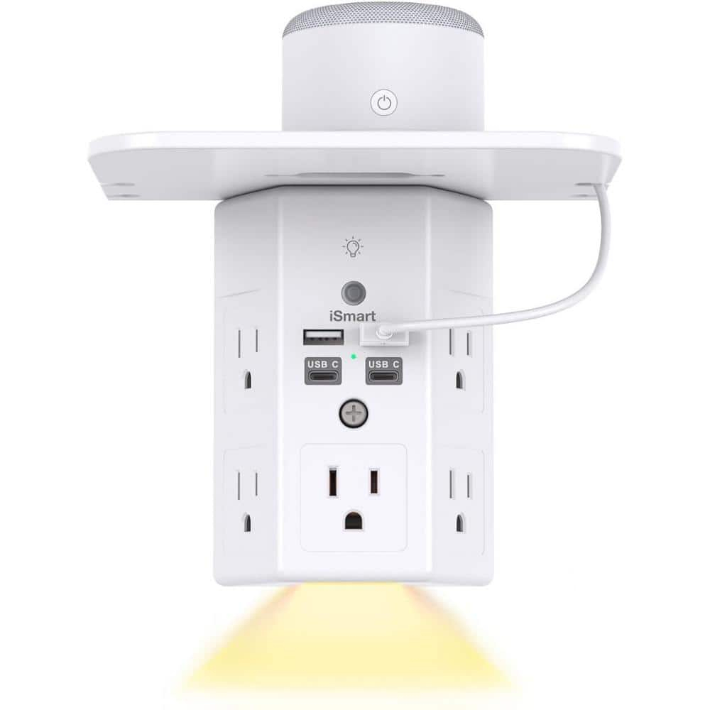 Multi Plug Outlets, Wall Outlet Extender with Night Light and Outlet Shelf, Surge Protector 4 USB Ports(1 USB C), USB Wall Charger Power Strip Electric Outlet Splitter for Home Office White