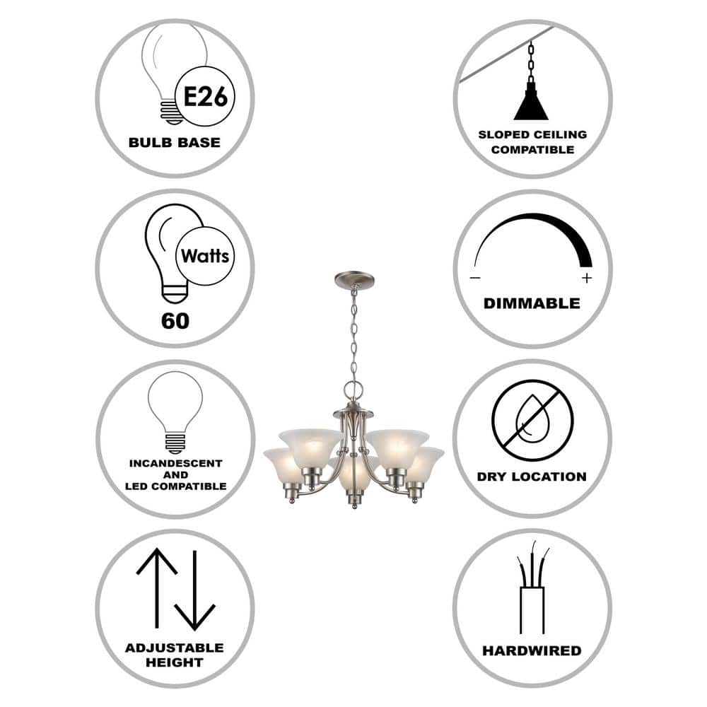 Perkins 5-Light Brushed Nickel Chandelier Light Fixture with Marbleized Glass Shades