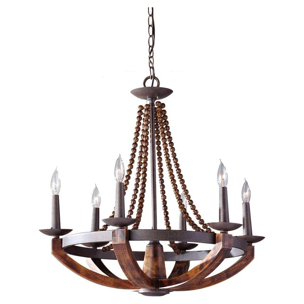 Mini Adan Rustic Iron & Burnished Wood 6-Light Chandelier
