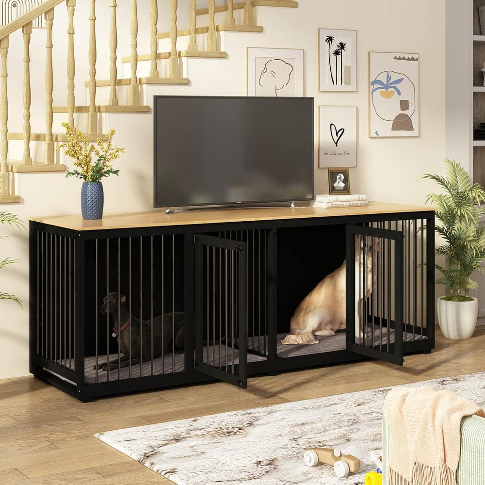 94.5" Extra Large Dog Crate Furniture, Heavy Duty Dog Kennel with a Removable Divider, Indoor Furniture Style Dog Crate House TV Stand with Double Rooms for Large Medium Breed Dogs, Black