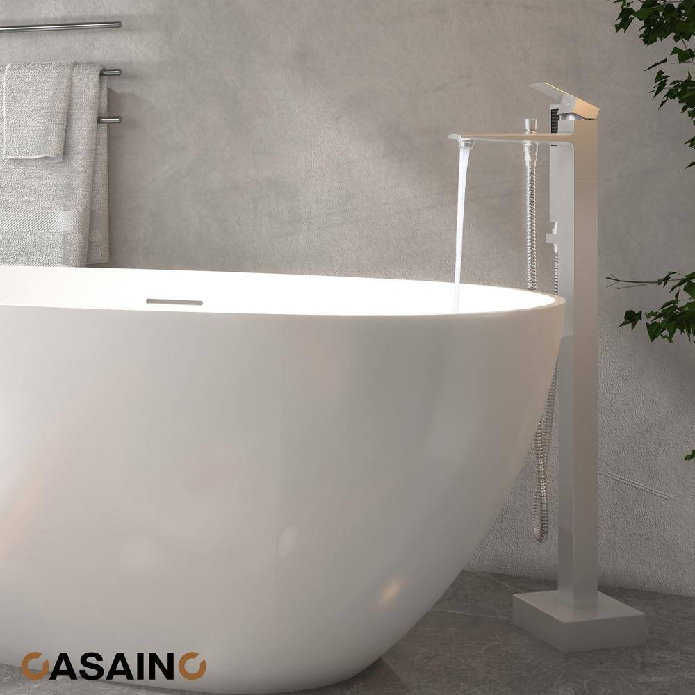 1-Handle Floor Mount Freestanding Tub Faucet with Handheld Shower in Brushed Nickel