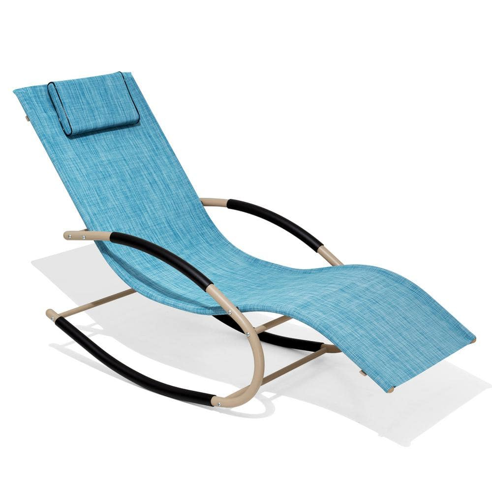 Metal Patio Outdoor Rocking Chair in Blue with Headrest (1-Piece)