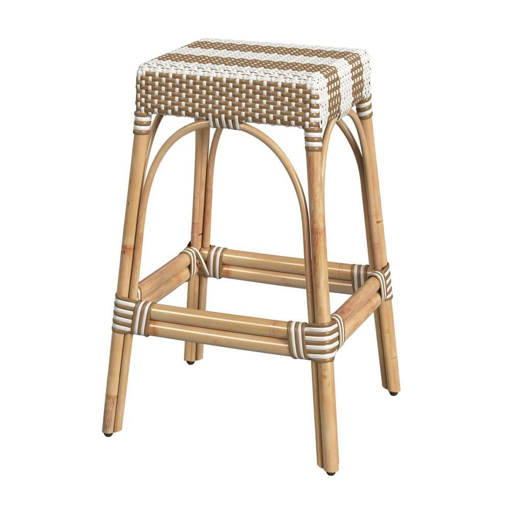 Tan and White Striped Rattan Backless Bar Stool, 30"