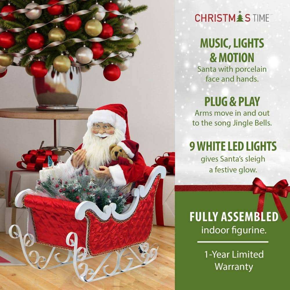 Christmas Time 28-In. Music, Lights, and Motion Santa Claus in his Sleigh | Animated Indoor Christmas Holiday Home Decor | CT-SC036-1RD